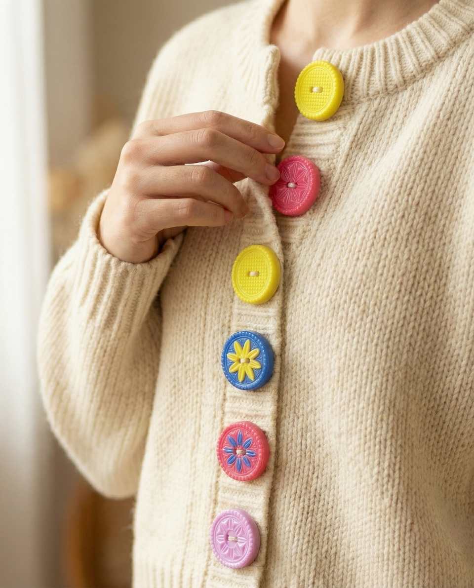 Polymer Clay Neon Relief Medallion Button Set shown in styled display context with object size and surface texture visible. Surface effects button, hand-finished with gloss sealan…