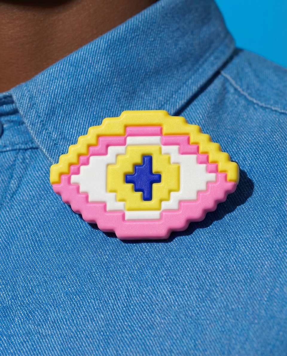 Polymer Clay Flat Pixel Eyeball Pin shown in styled wear context with size, drape, and hardware visible. Pixel construction brooch, hand-finished with gloss sealant.