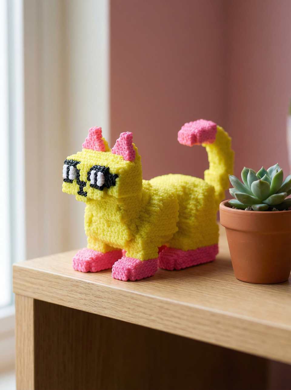 Polymer Clay Fuzzy Pixel Cat Desk Buddy Figurine shown in styled display context with object size and surface texture visible. Handmade pixel construction figurine with matte text…