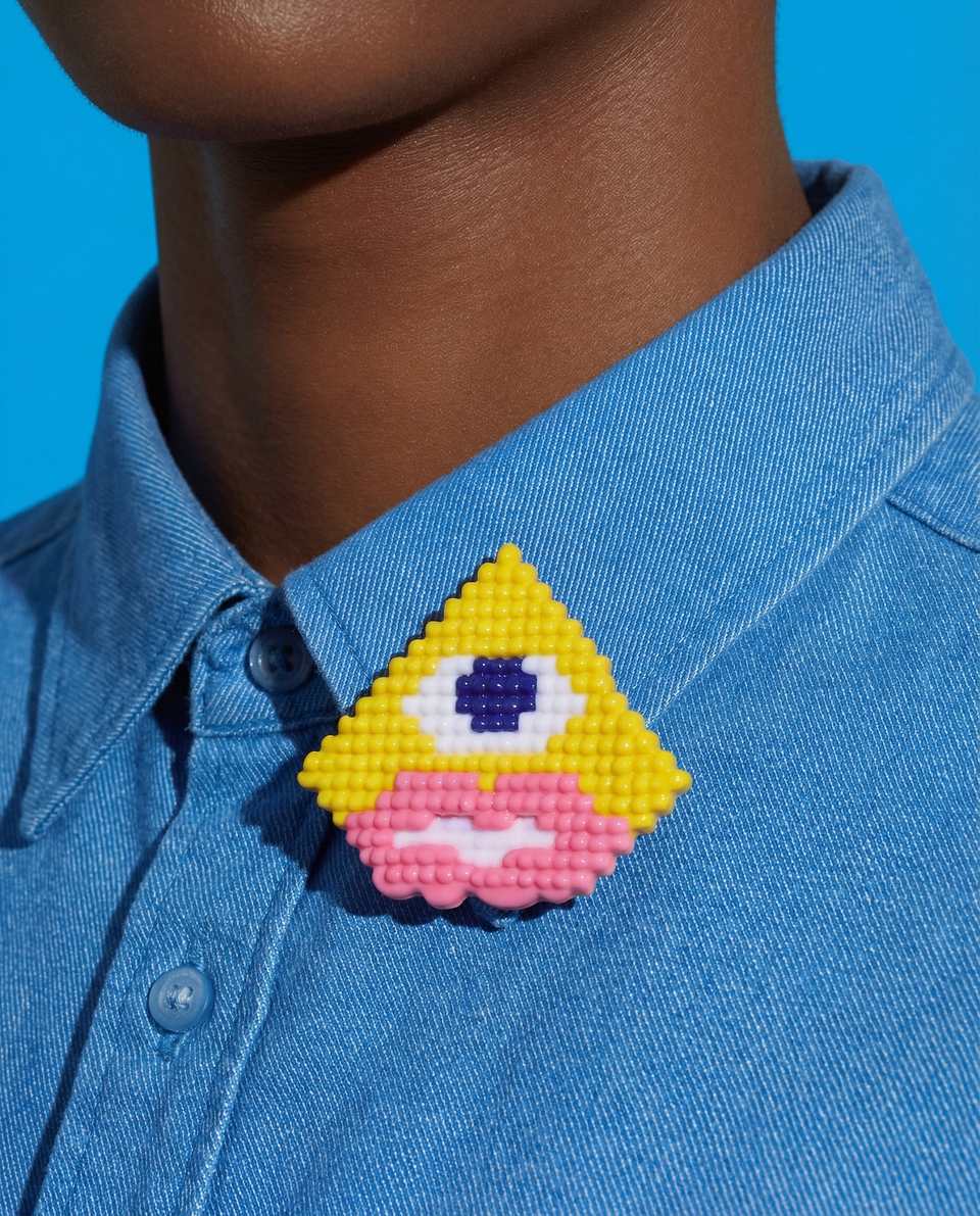 Polymer Clay Beaded Triangle Face Pin shown in styled wear context with size, drape, and hardware visible. Brooch handmade in surface applique with light gloss finish.