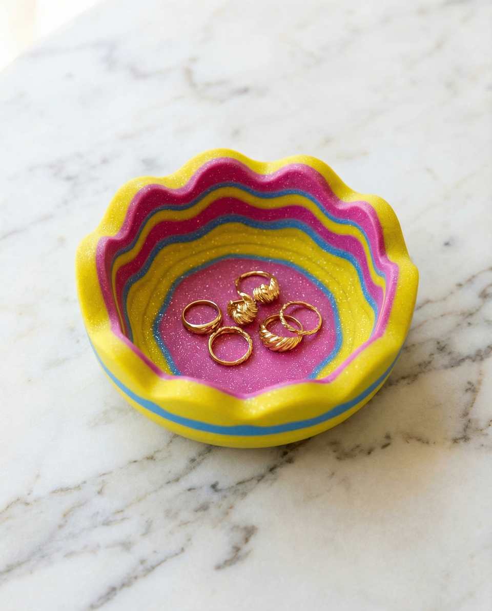 Polymer Clay Glittery Wavy Nested Ring Dish shown in styled display context with object size and surface texture visible. Handmade trinket dish using slab construction, finished w…