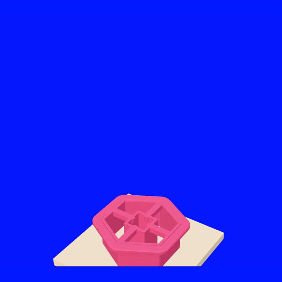 Viewer preview of the hex-window cutter starting its press; the same pink tool appears in the cutter map.