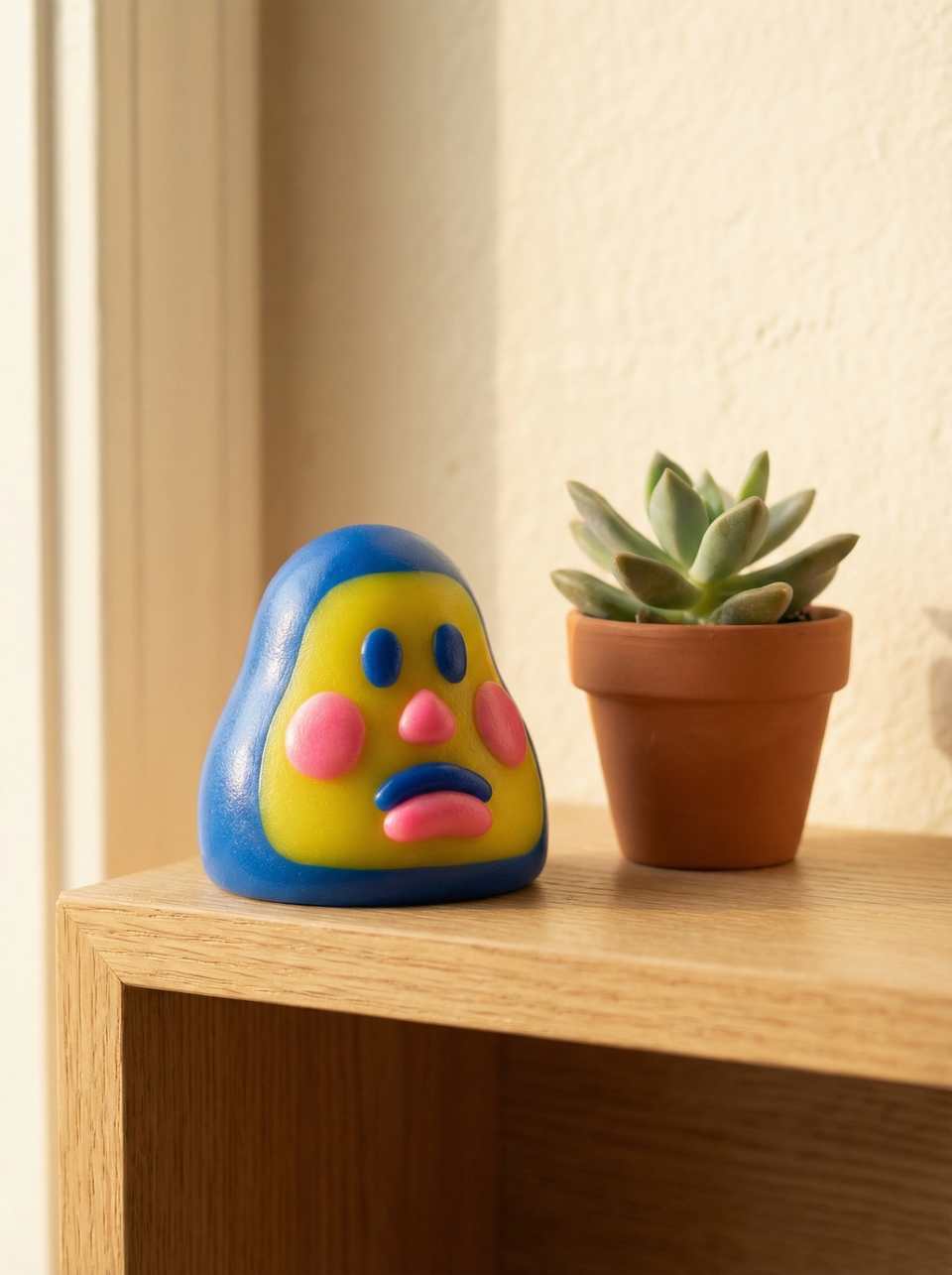 Blue Polymer Clay Hooded Blob Desk Pet Figurine shown in styled display context with object size and surface texture visible. Handmade figurine using sculpting, finished with ligh…