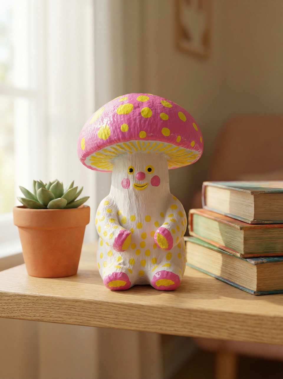 Polymer Clay Kawaii Mushroom Desk Pet Figurine shown in styled display context with object size and surface texture visible. Figurine handmade in sculpting with light gloss finish.