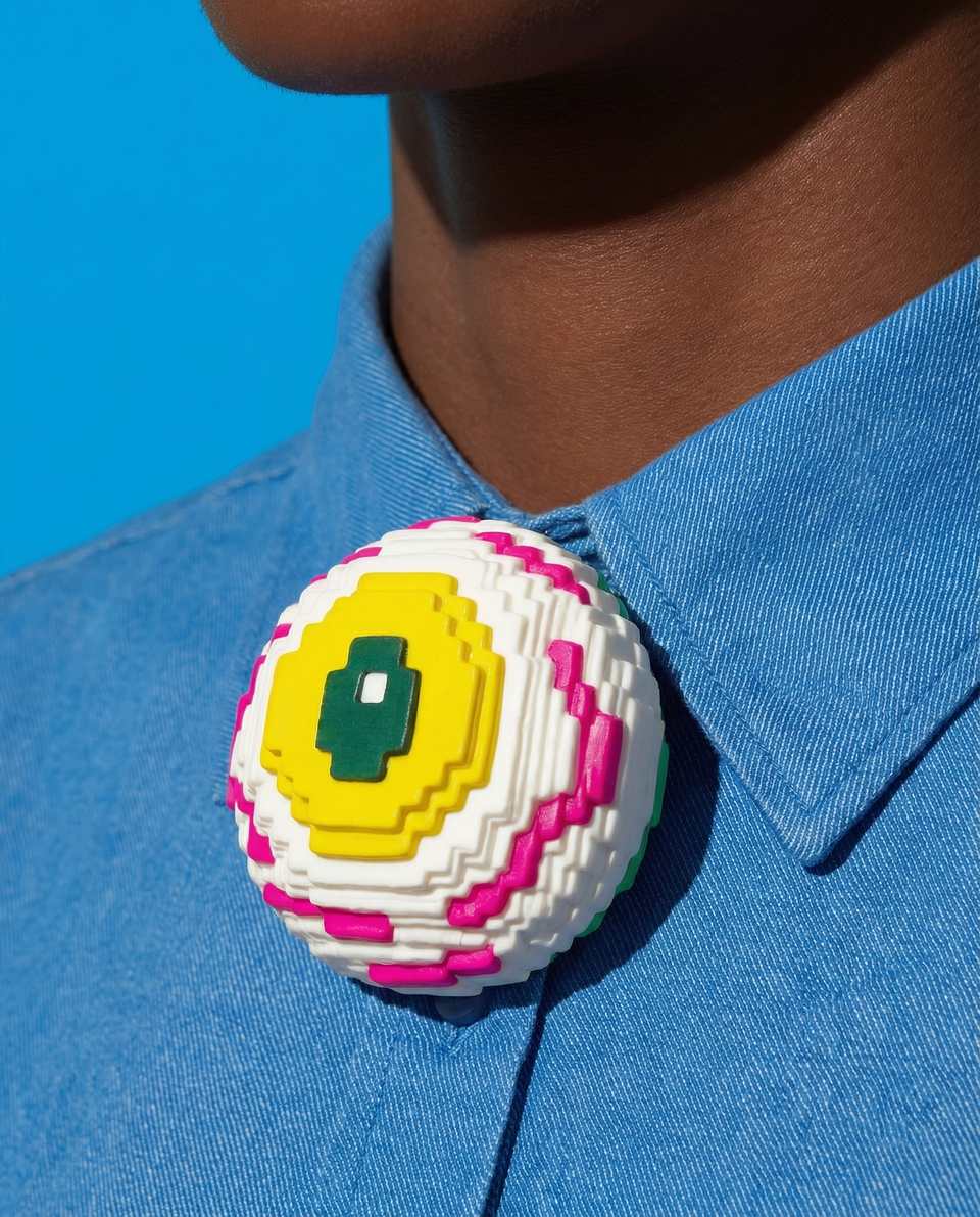 Polymer Clay Stepped Pixel Eyeball Dome Pin shown in styled wear context with size, drape, and hardware visible. Handmade brooch using pixel construction, finished with gloss seal…