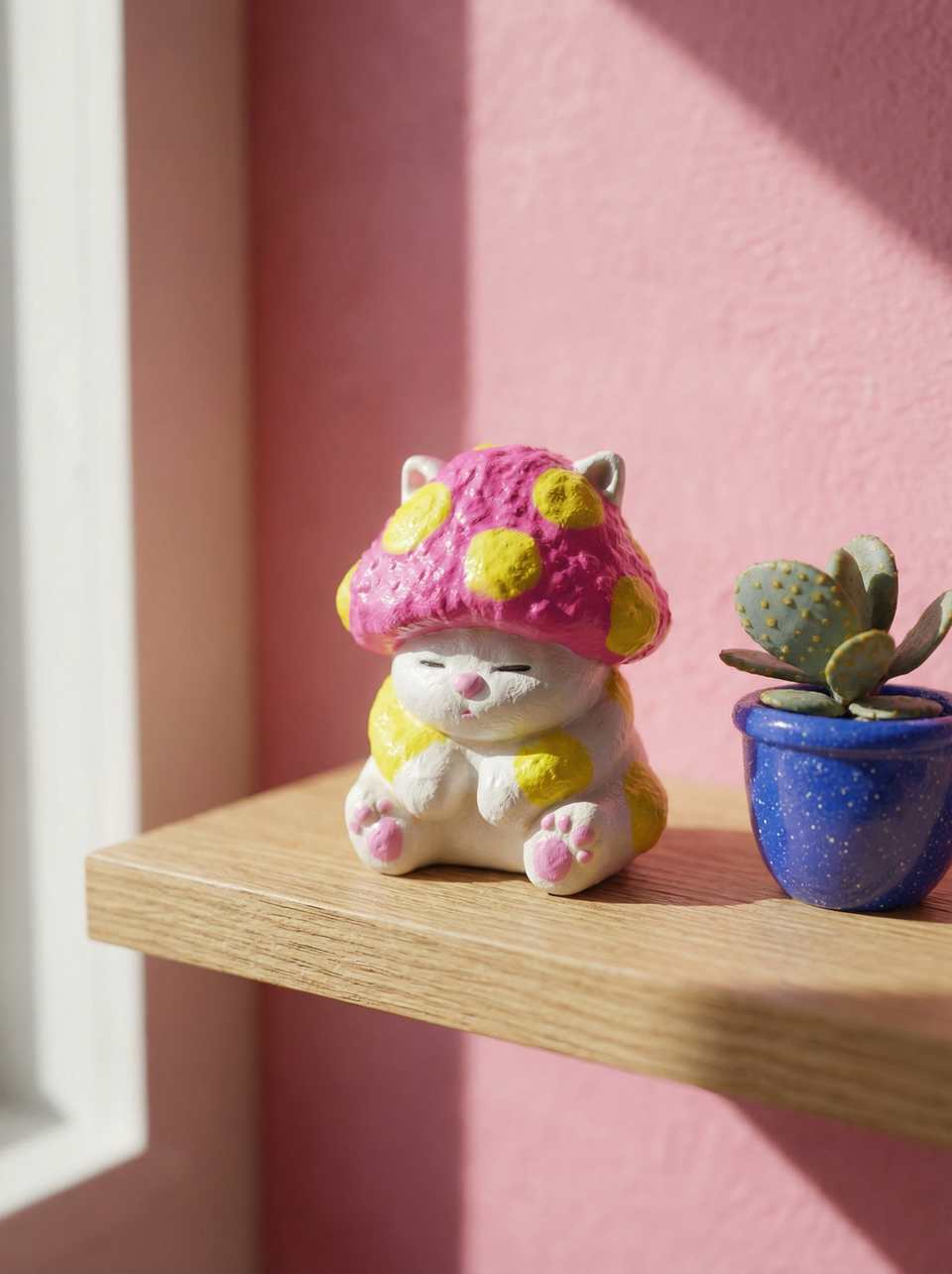 White Polymer Clay Leafy Mushroom Cat Desk Buddy Figurine shown in styled display context with object size and surface texture visible. Figurine handmade in sculpting with gloss s…