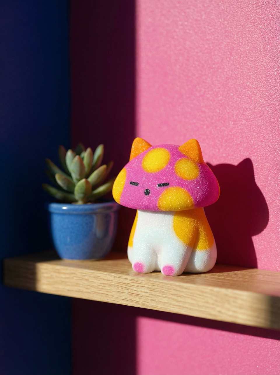 Magenta Polymer Clay Glitter Mushroom Cap Cat Desk Buddy Figurine shown in styled display context with object size and surface texture visible. Sculpting figurine, hand-finished w…