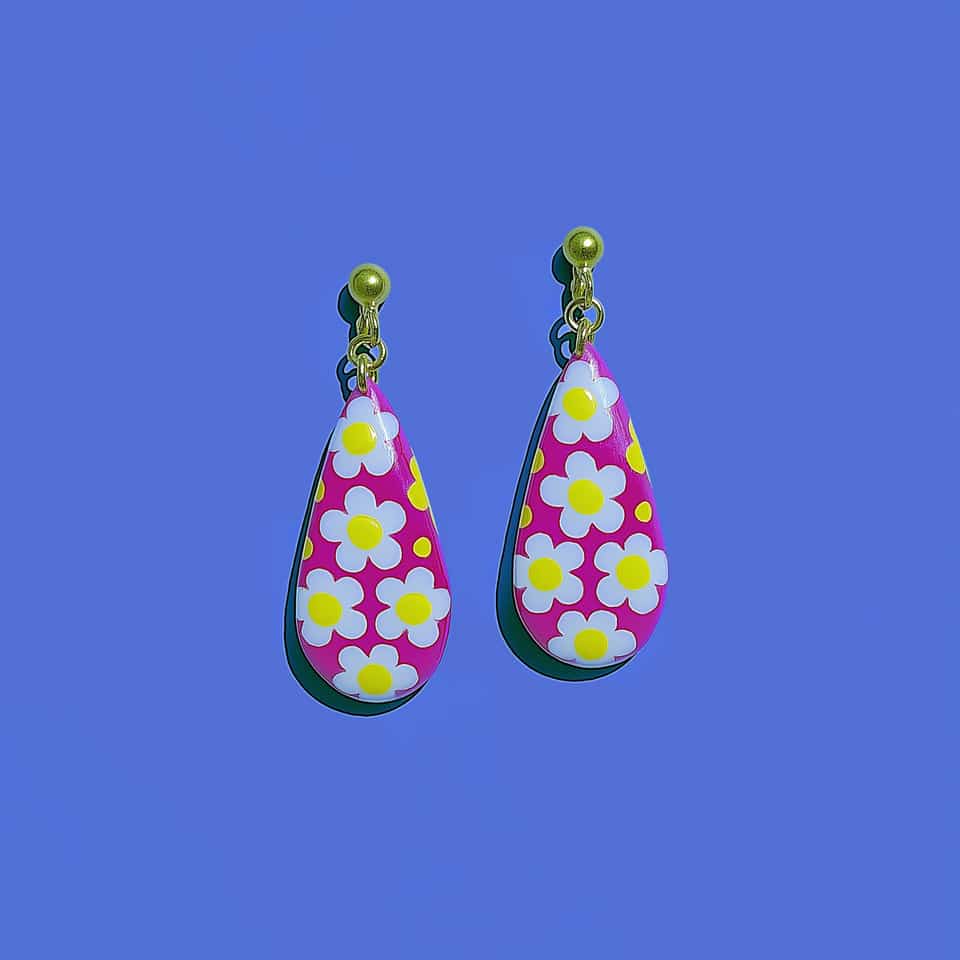 Polymer Clay Daisy Cane Teardrop Dangle Earrings. Handmade earrings using millefiori, finished with light gloss. Build one tight daisy cane first, then veneer both teardrops from…