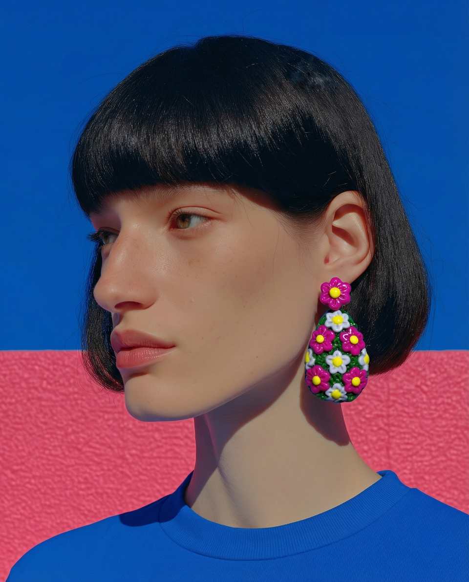 Magenta Polymer Clay Millefiori Statement Dangle Earrings shown in styled wear context with size, drape, and hardware visible. Handmade earrings using surface effects, finished wi…