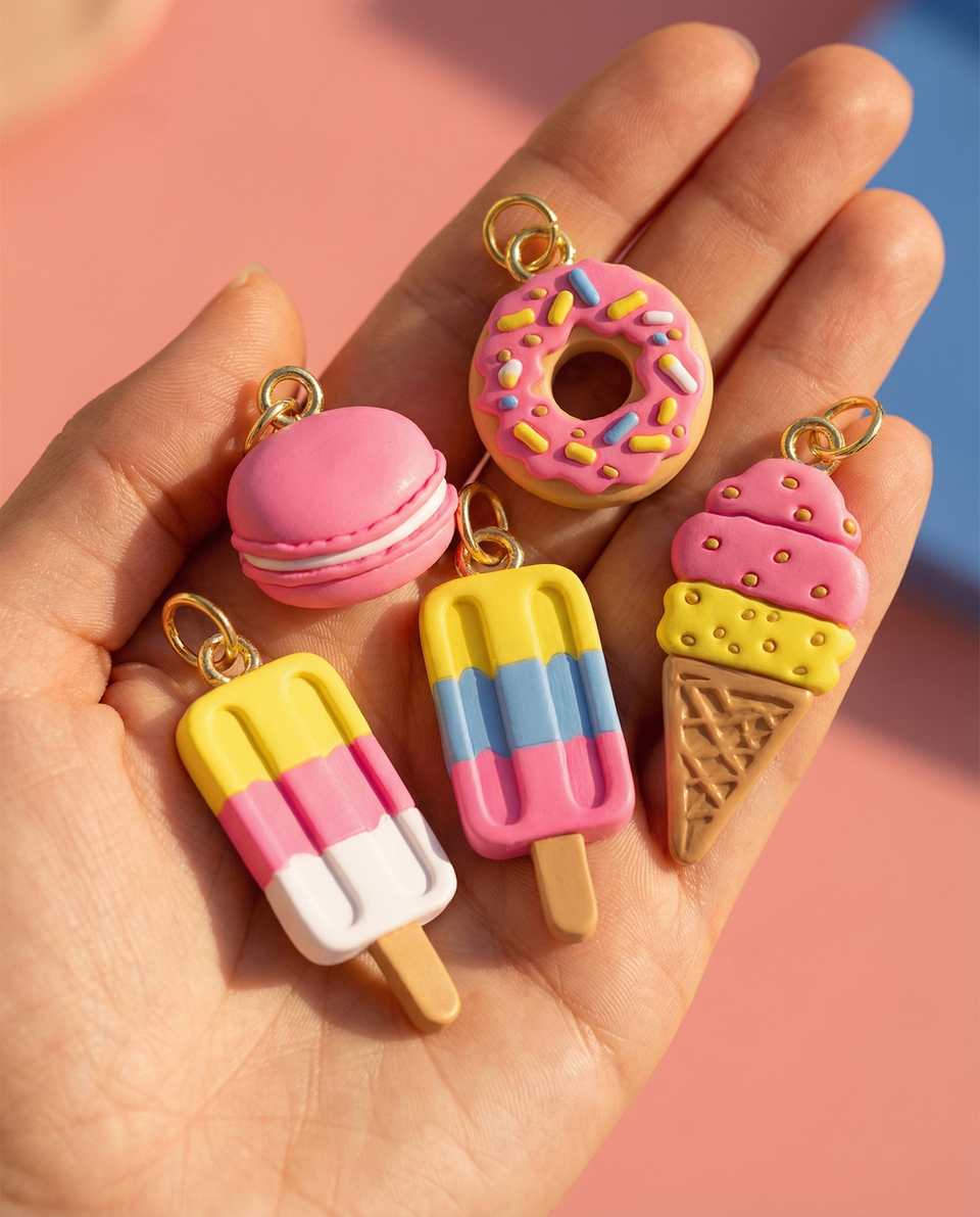 Five miniature sweet treat charms held in palm against pink background