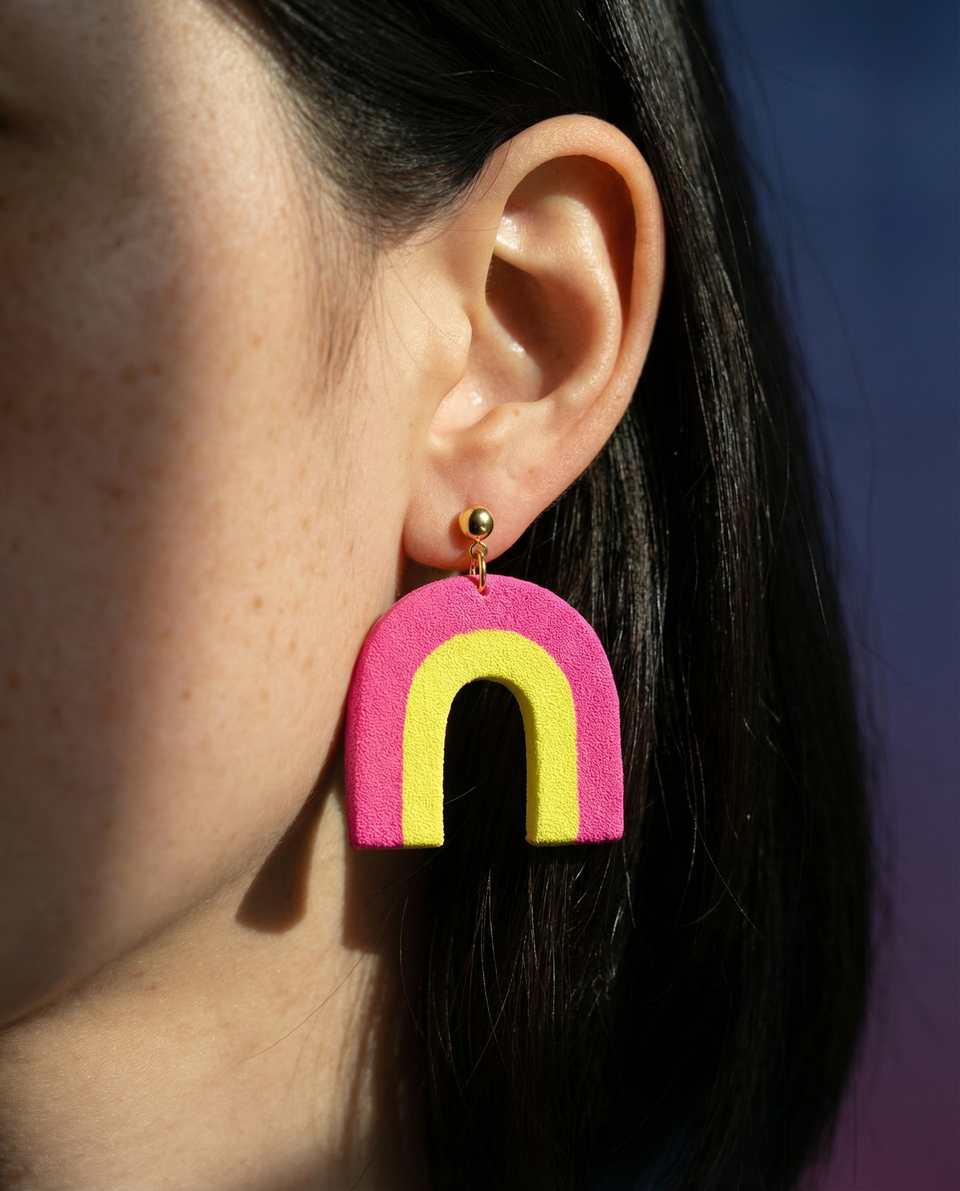 Hot pink and yellow nested arch earring worn from a gold stud