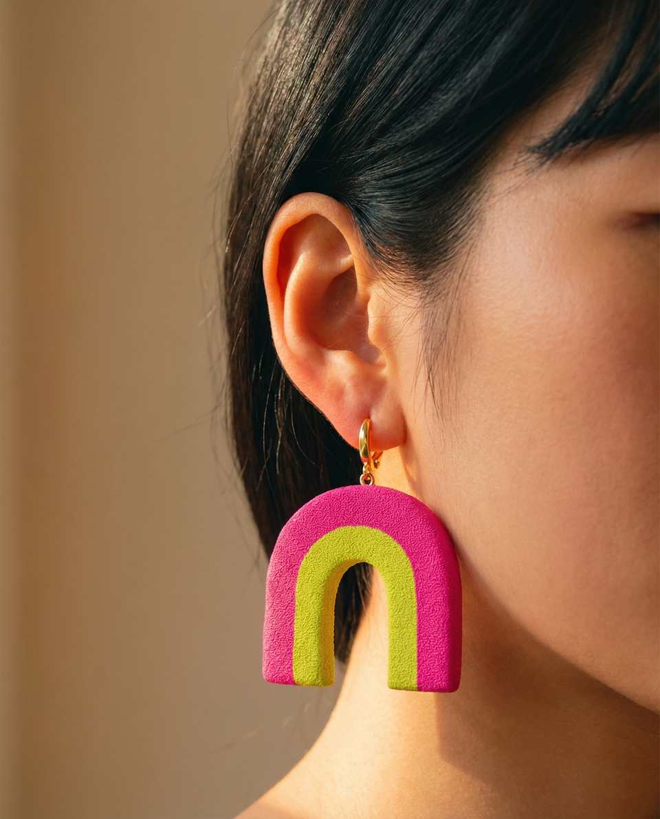 Hot Pink Polymer Clay & Yellow Textured Arch Hoop Earrings shown in styled wear context with size, drape, and hardware visible. Earrings handmade in slab construction with matte s…