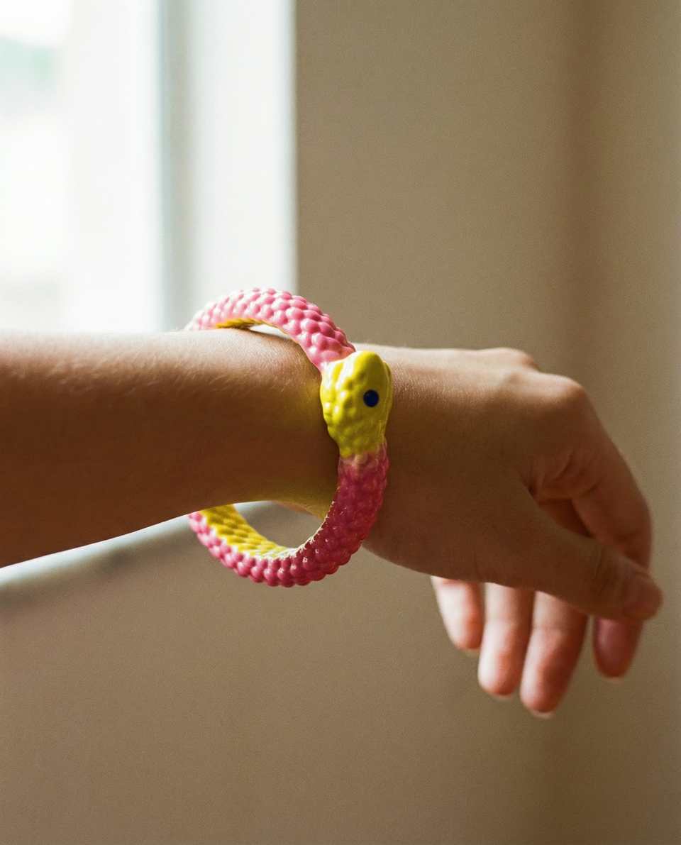 Pink Polymer Clay & Yellow Ouroboros Snake Bangle shown in styled wear context with size, drape, and hardware visible. Bracelet handmade in sculpting with gloss sealant finish.