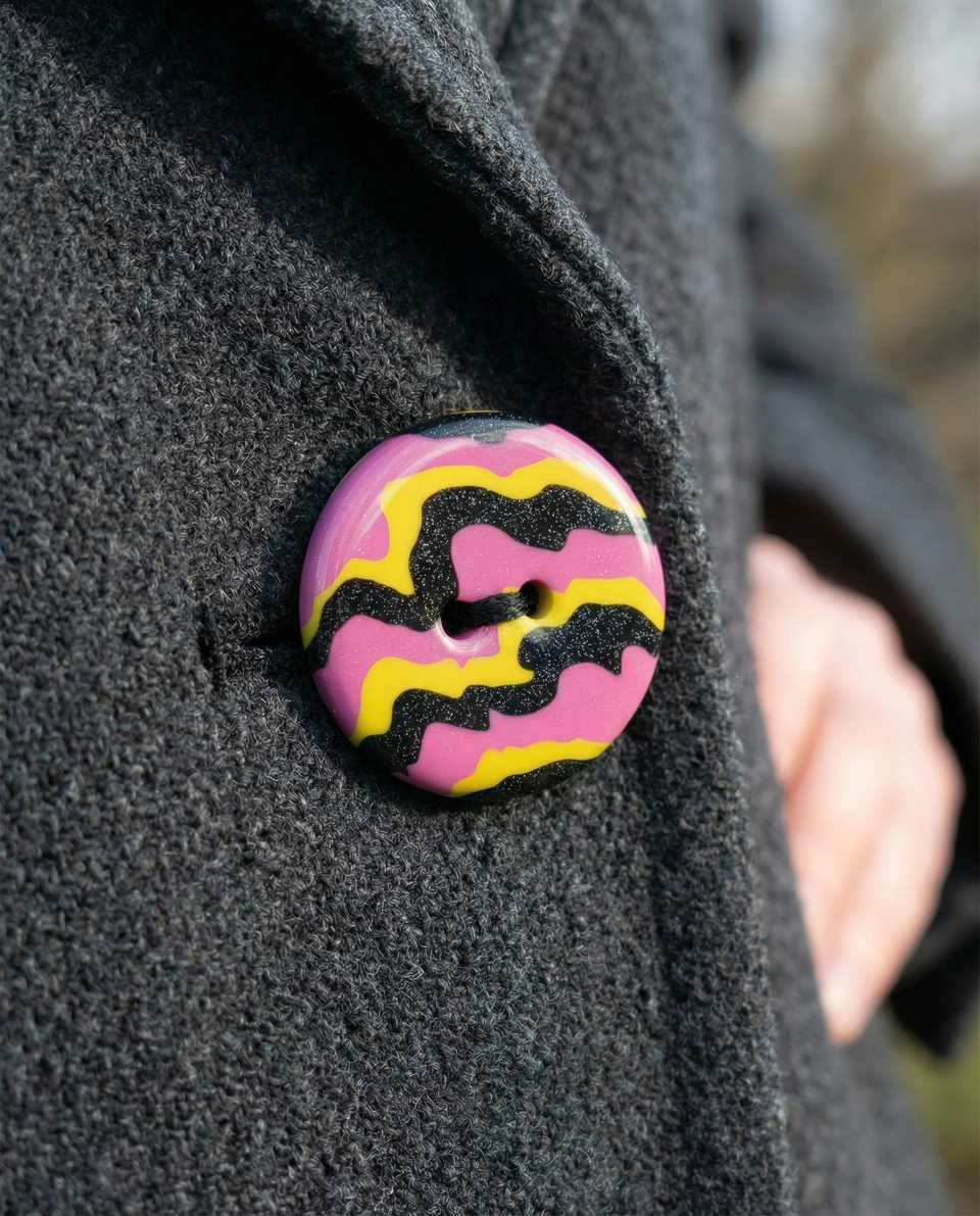 Polymer Clay Wavy Domed Statement Coat Button shown in styled display context with object size and surface texture visible. Handmade button using color blocking, finished with glo…