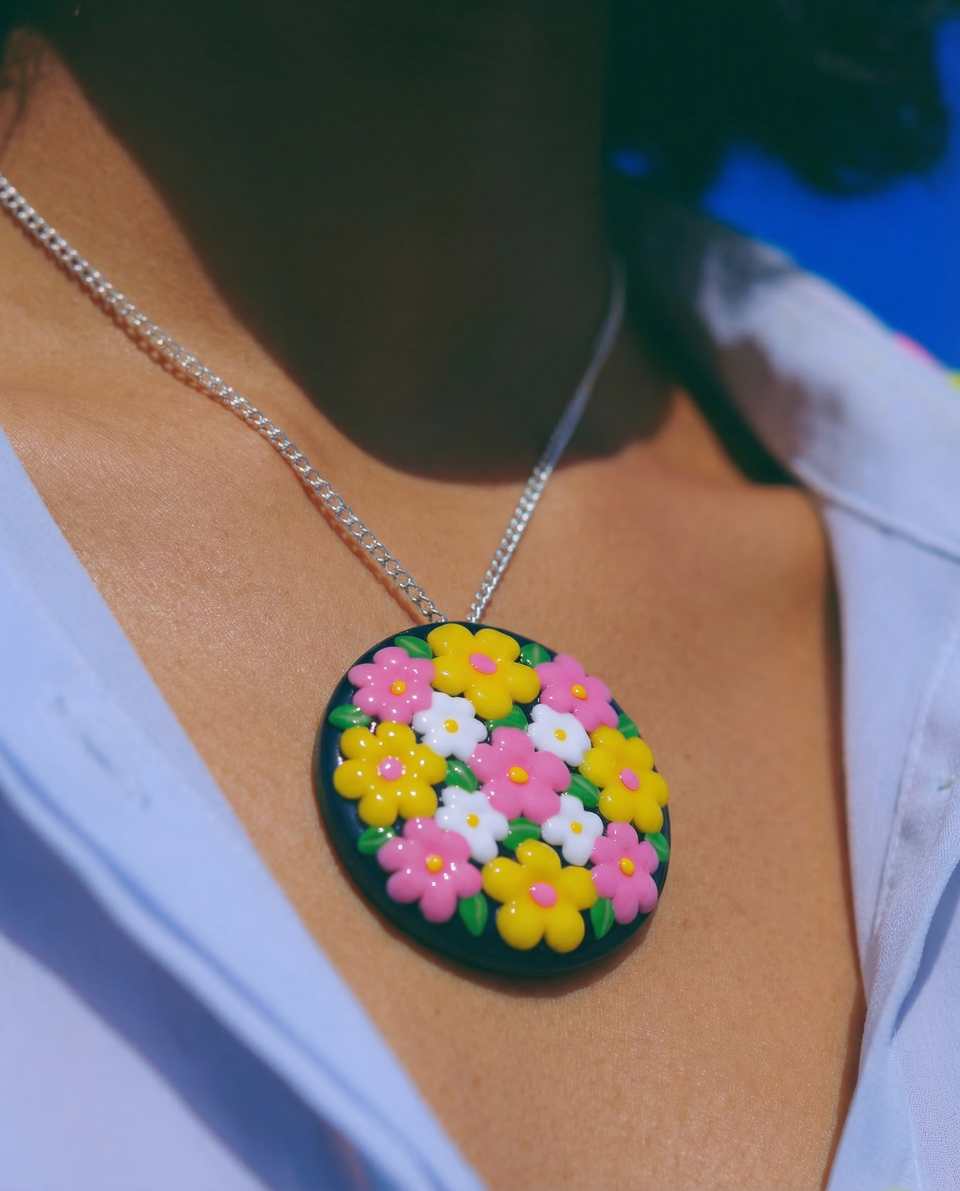Polymer Clay Glossy Pietra Dura Floral Applique Necklace shown in styled wear context with size, drape, and hardware visible. Pendant handmade in sculpting with gloss sealant fini…