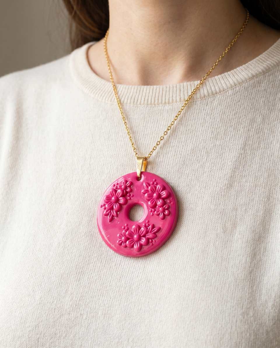 Hot Pink Polymer Clay Floral Medallion Necklace shown in styled wear context with size, drape, and hardware visible. Surface applique pendant, hand-finished with gloss sealant.