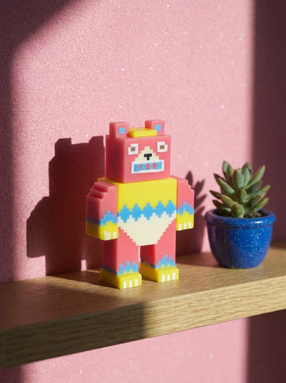 Pink block-built pixel bear figurine on wooden shelf with pink wall and blue pot