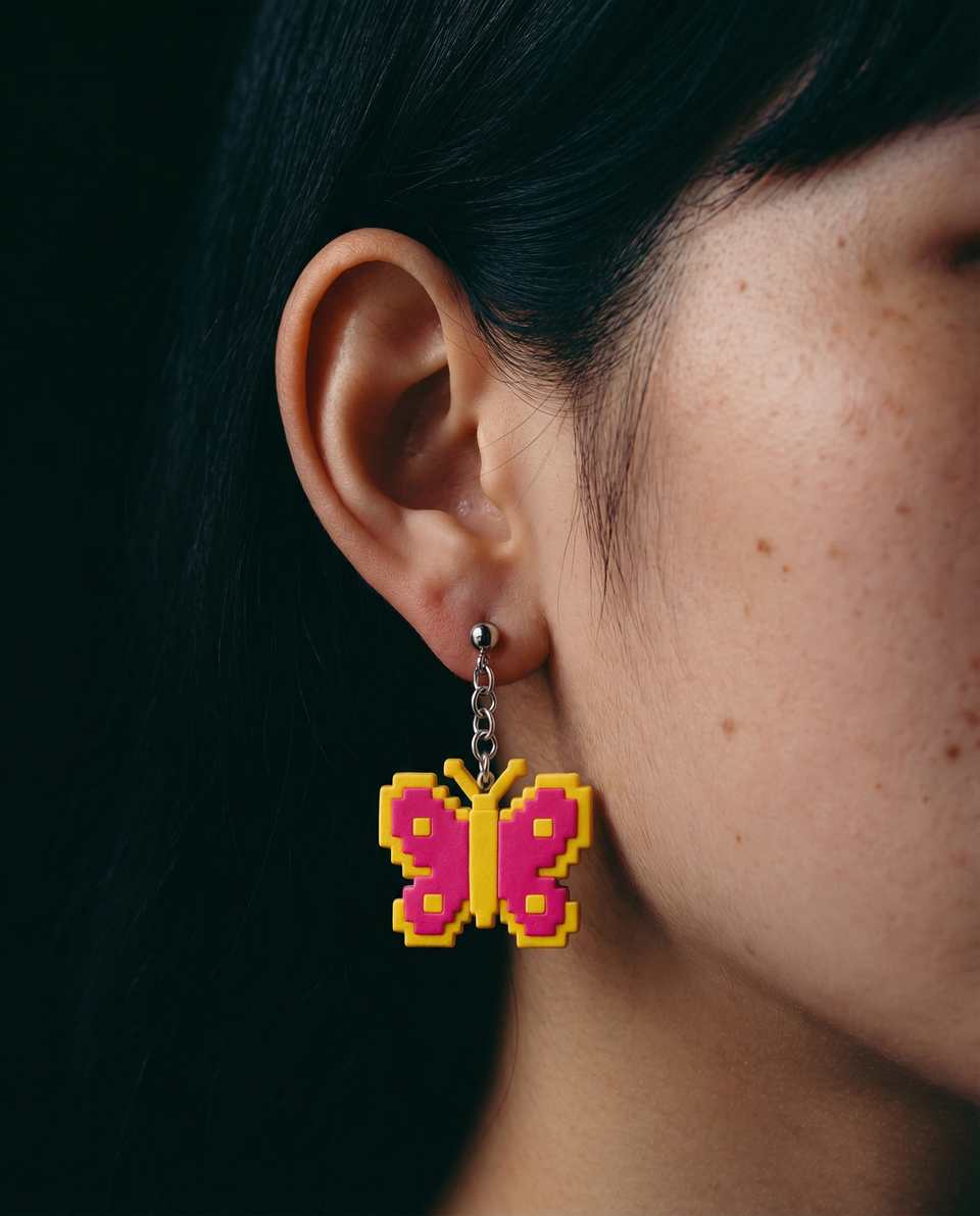 Pink and yellow pixel butterfly earring worn against dark hair
