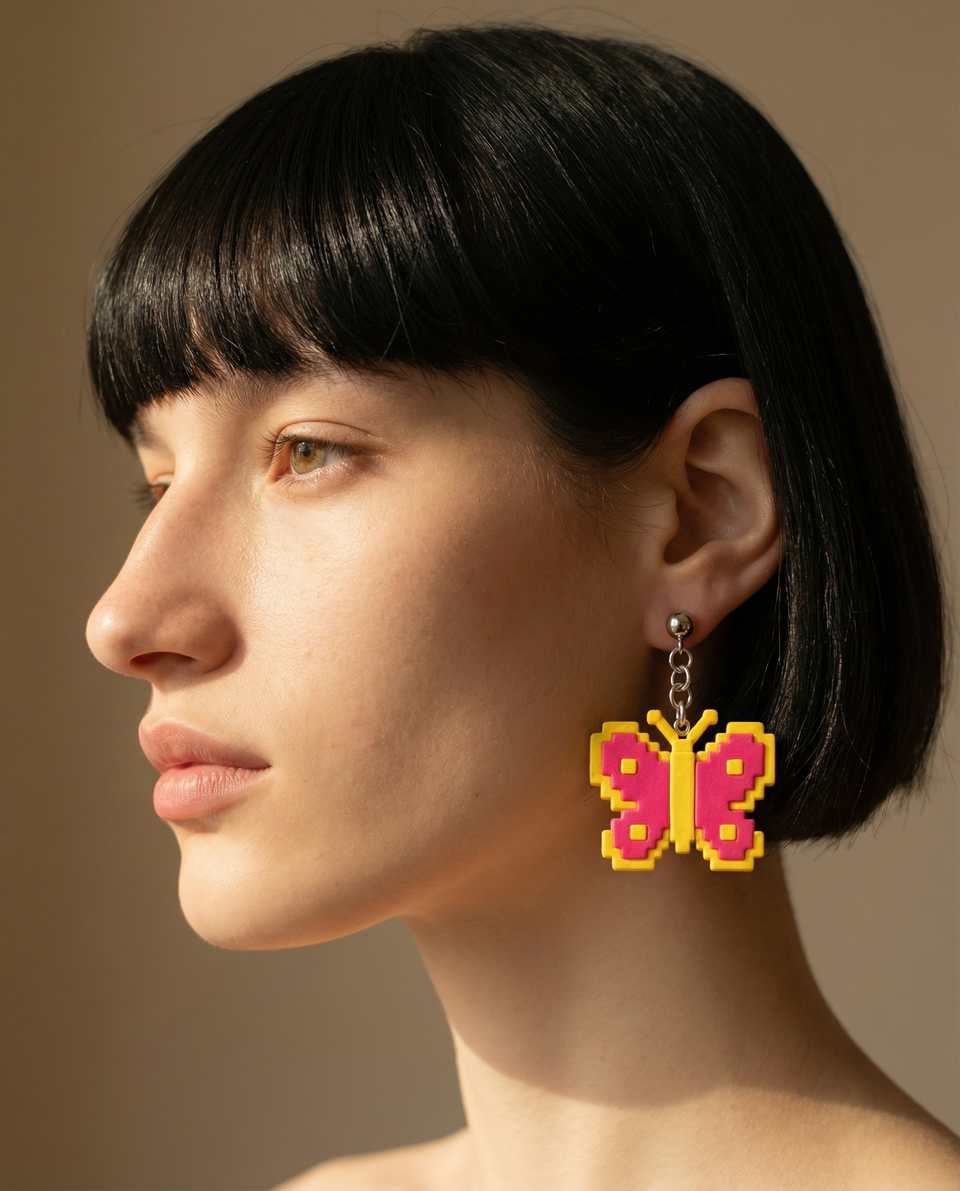 Hot Pink Polymer Clay Pixel Butterfly Statement Dangle Earrings shown in styled wear context with size, drape, and hardware visible. Handmade earrings using pixel construction, fi…