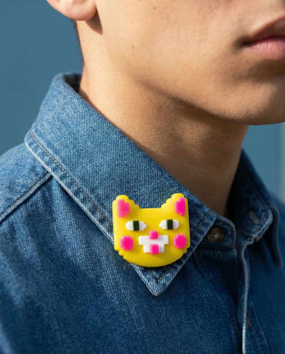 Yellow Polymer Clay Pixel Cat Face Pin shown in styled wear context with size, drape, and hardware visible. Pixel construction brooch, hand-finished with sanded buffed.
