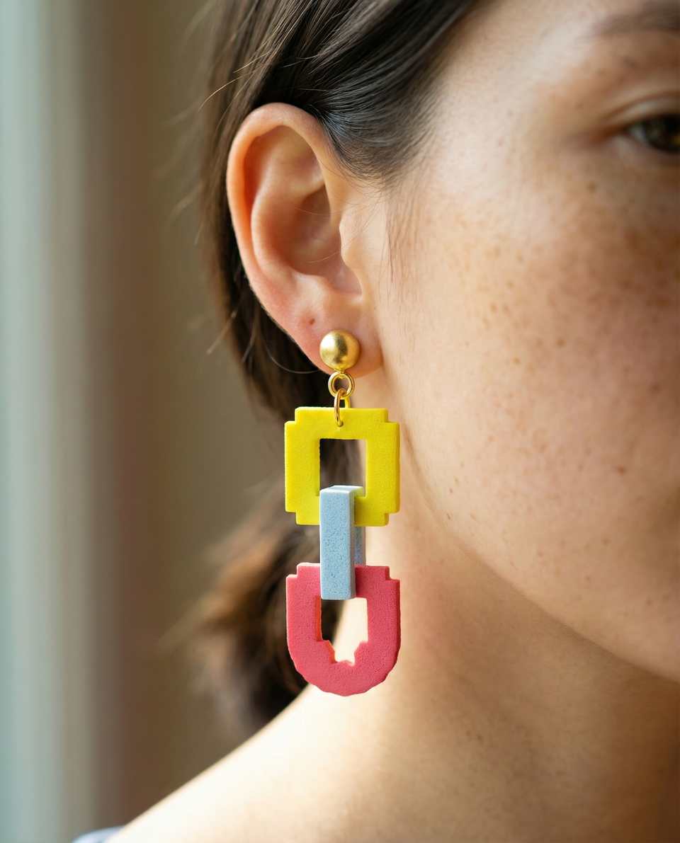 Polymer Clay Asymmetrical Pixel Chain Link Dangle Earrings shown in styled wear context with size, drape, and hardware visible. Pixel construction earrings, hand-finished with mat…