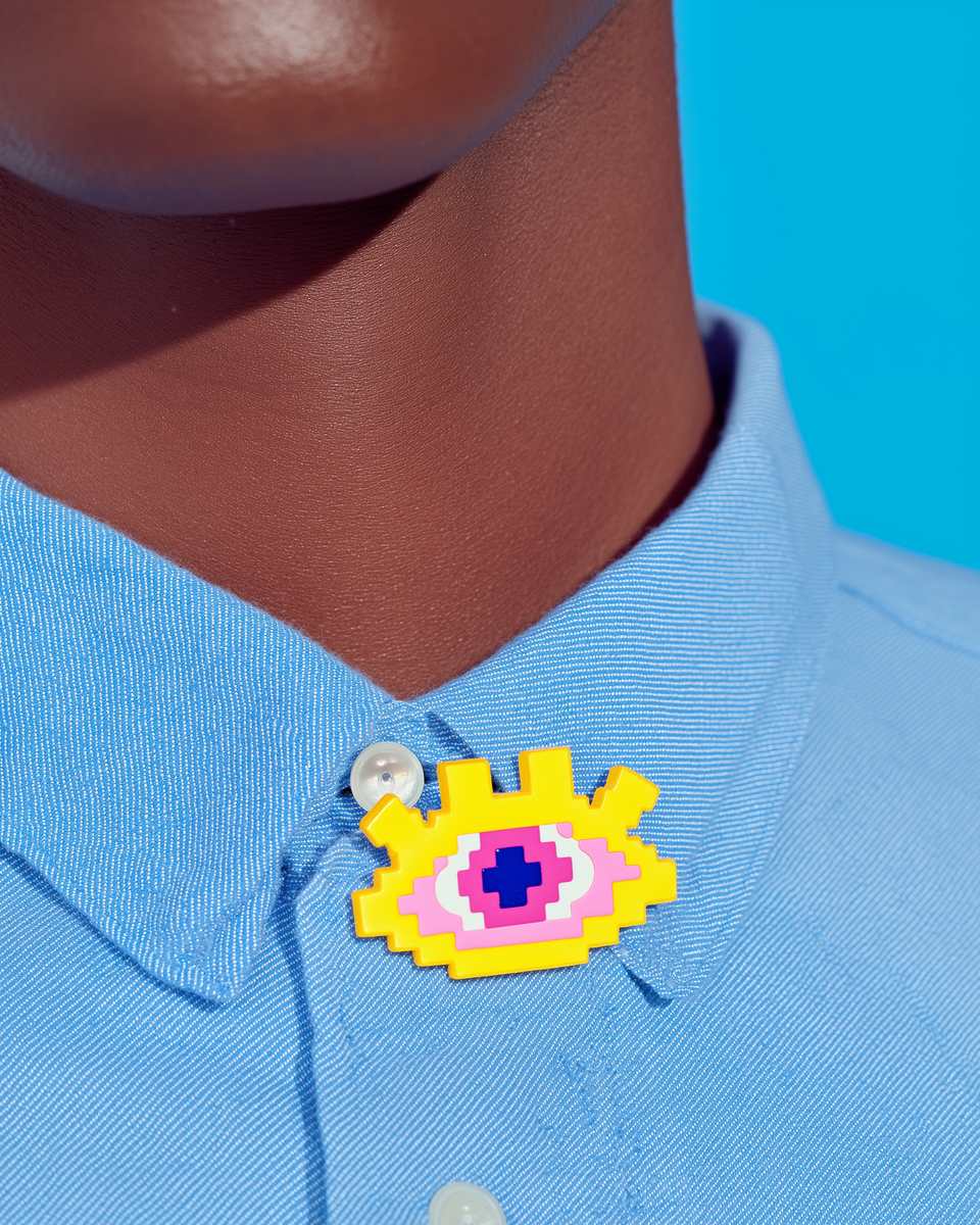 Yellow Polymer Clay Pixel Eye Pin with Cross Pupil shown in styled wear context with size, drape, and hardware visible. Handmade brooch using pixel construction, finished with san…