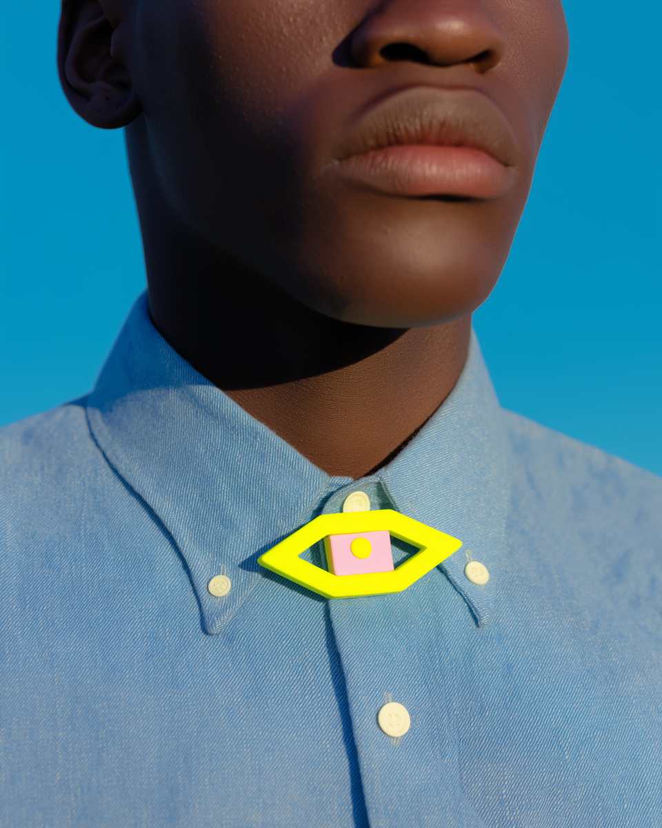 Yellow Polymer Clay Diamond Eye Pin shown in styled wear context with size, drape, and hardware visible. Brooch handmade in slab construction with sanded buffed finish.
