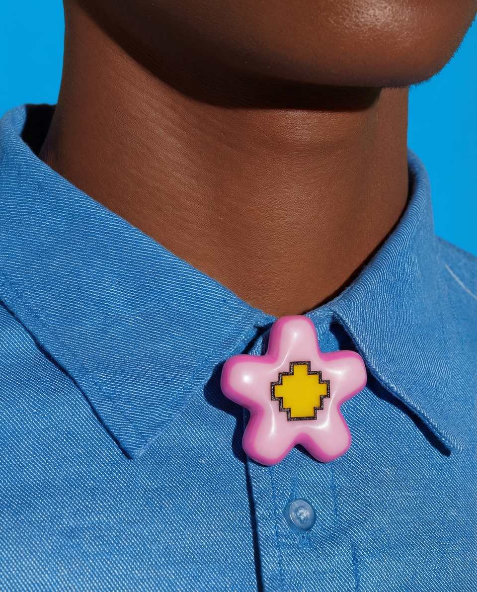 Polymer Clay Puffy Pink Pixel Flower Pin shown in styled wear context with size, drape, and hardware visible. Handmade pixel construction brooch with gloss sealant finish.