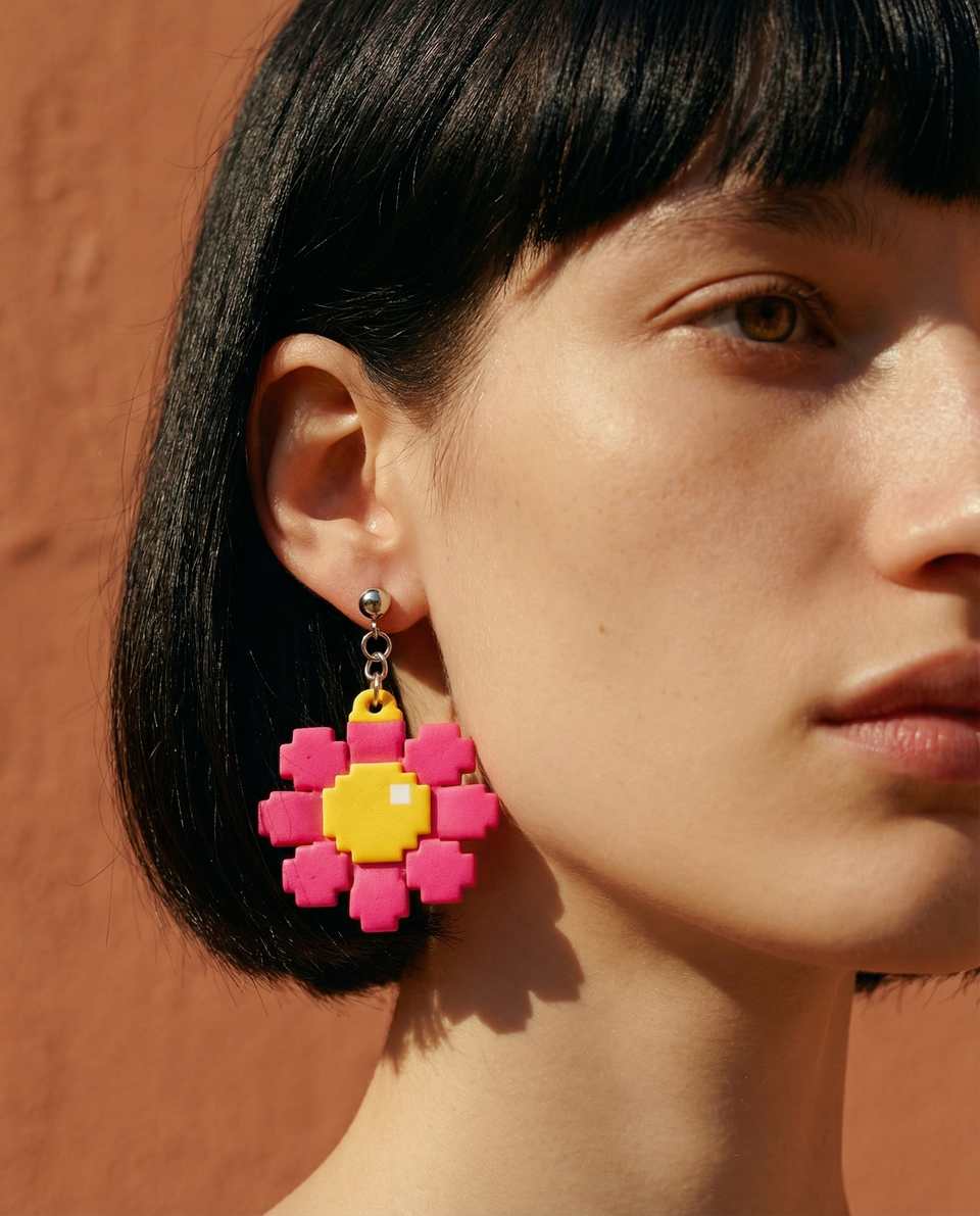 Hot Pink Polymer Clay Pixel Flower Statement Dangle Earrings shown in styled wear context with size, drape, and hardware visible. Earrings handmade in pixel construction with sand…