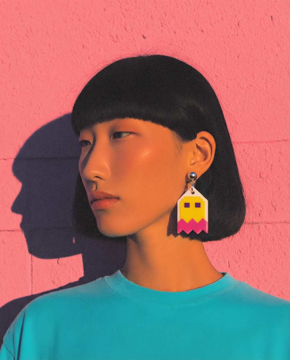 Yellow Polymer Clay Pixel Ghost Dangle Earrings shown in styled wear context with size, drape, and hardware visible. Handmade earrings using pixel construction, finished with sand…