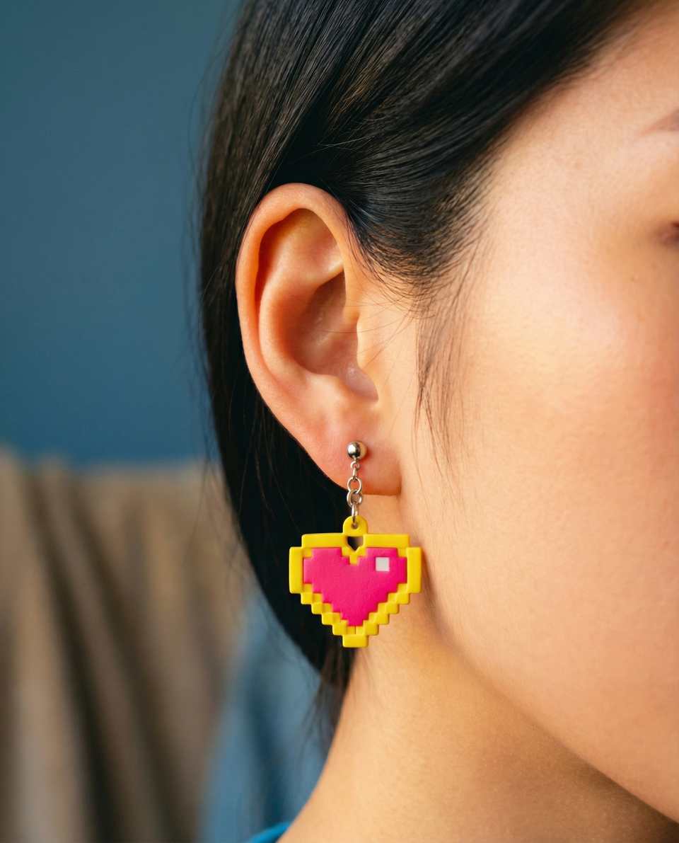 Hot Pink Polymer Clay Pixel Heart Statement Dangle Earrings shown in styled wear context with size, drape, and hardware visible. Handmade earrings using pixel construction, finish…