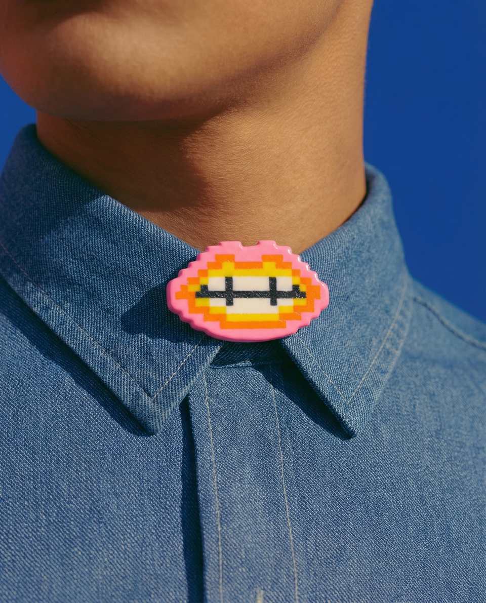 Pink Polymer Clay & Yellow Pixel Lips Pin shown in styled wear context with size, drape, and hardware visible. Brooch handmade in pixel construction with gloss sealant finish.