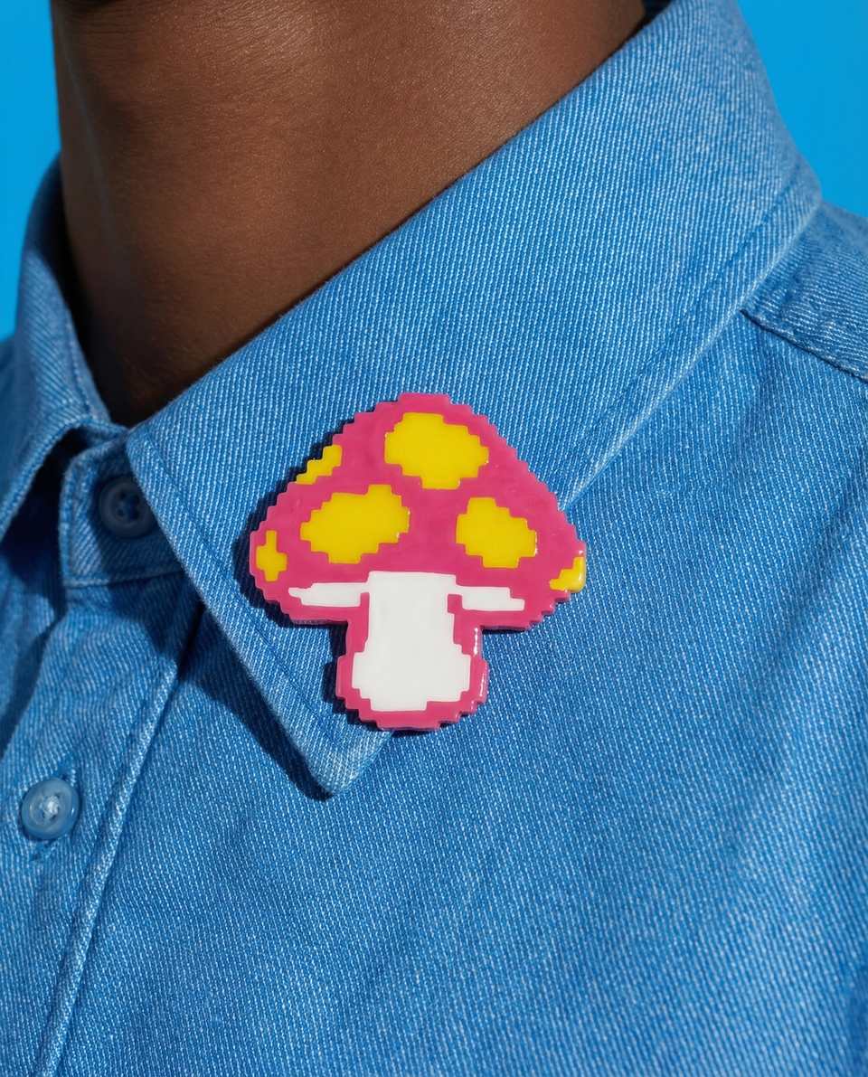 Pink Polymer Clay Pixel Mushroom Pin shown in styled wear context with size, drape, and hardware visible. Brooch handmade in pixel construction with gloss sealant finish.
