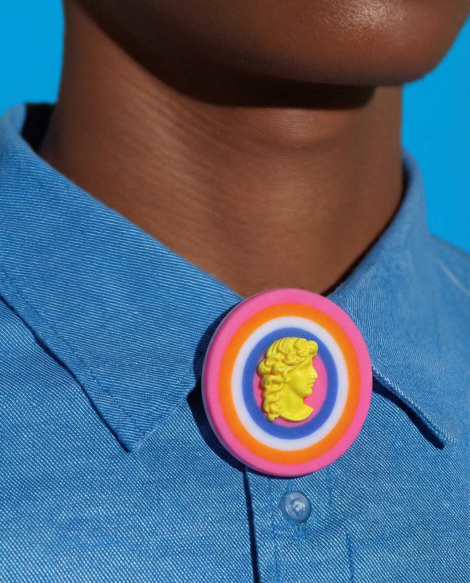 Polymer Clay Neon Pop Art Cameo Pin shown in styled wear context with size, drape, and hardware visible. Sculpting brooch, hand-finished with gloss sealant.