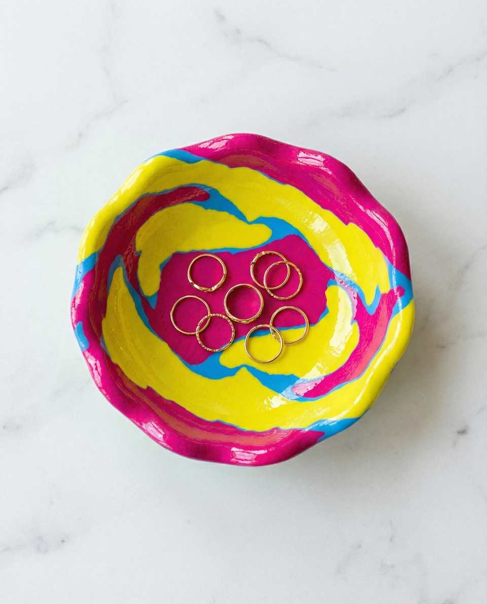 Polymer Clay Rainbow Wavy Ring Dish shown in styled display context with object size and surface texture visible. Trinket dish handmade in marbling with gloss sealant finish.