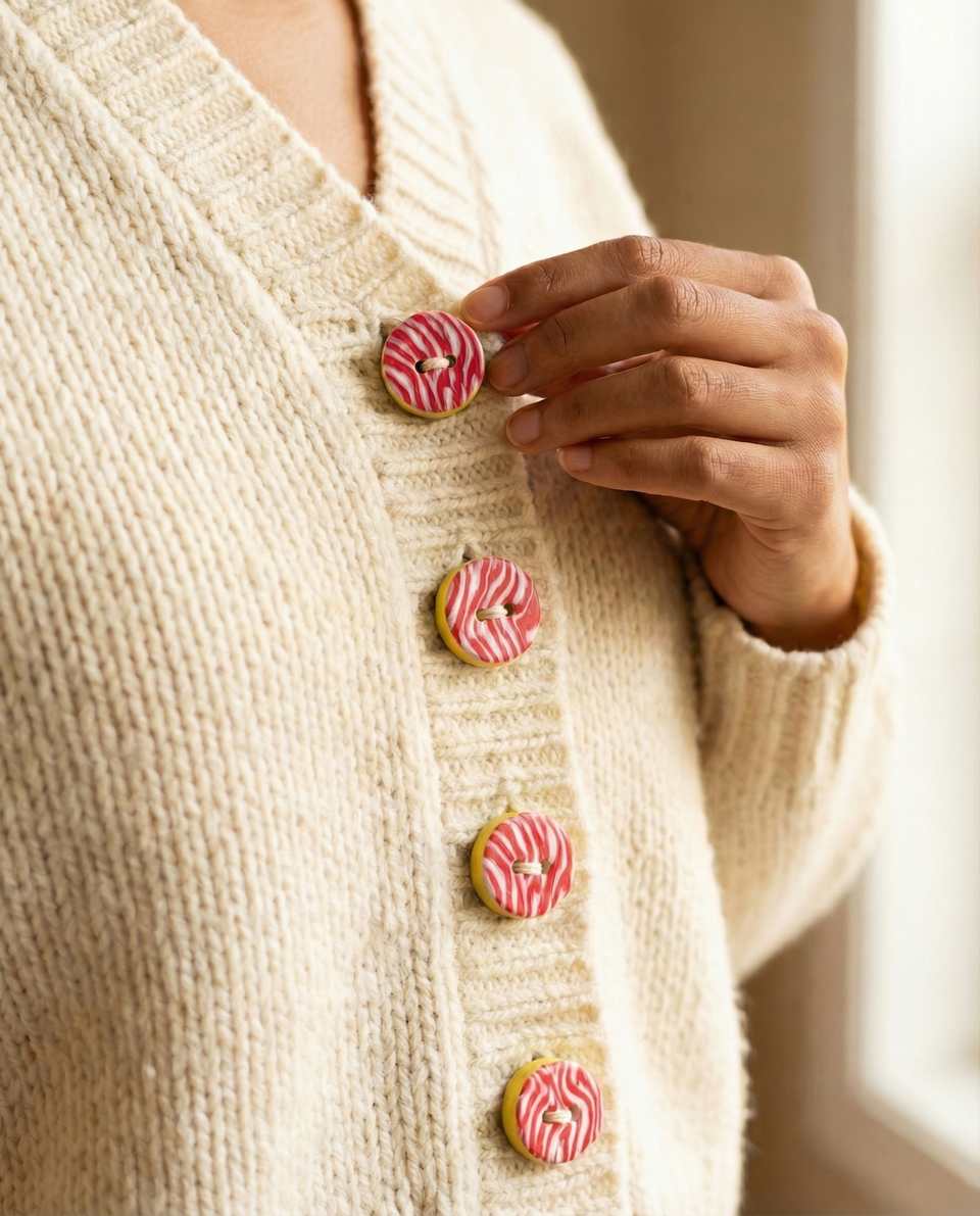 Polymer Clay Coral-Pink & White Wavy Buttons shown in styled display context with object size and surface texture visible. Button handmade in cane slice with sanded buffed finish.