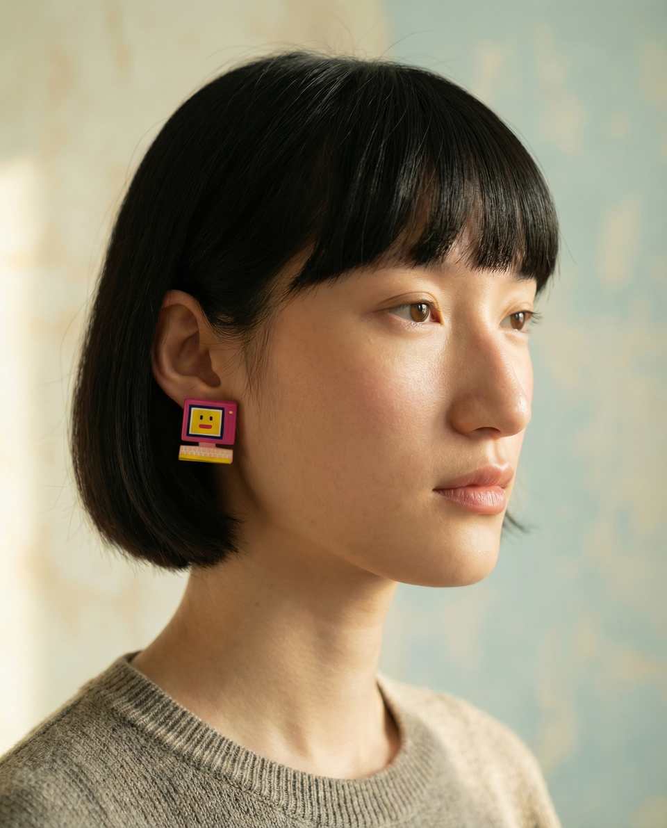 Polymer Clay Mismatched Retro 3D Computer Stud Earrings shown in styled wear context with size, drape, and hardware visible. Handmade slab construction earrings with light gloss f…