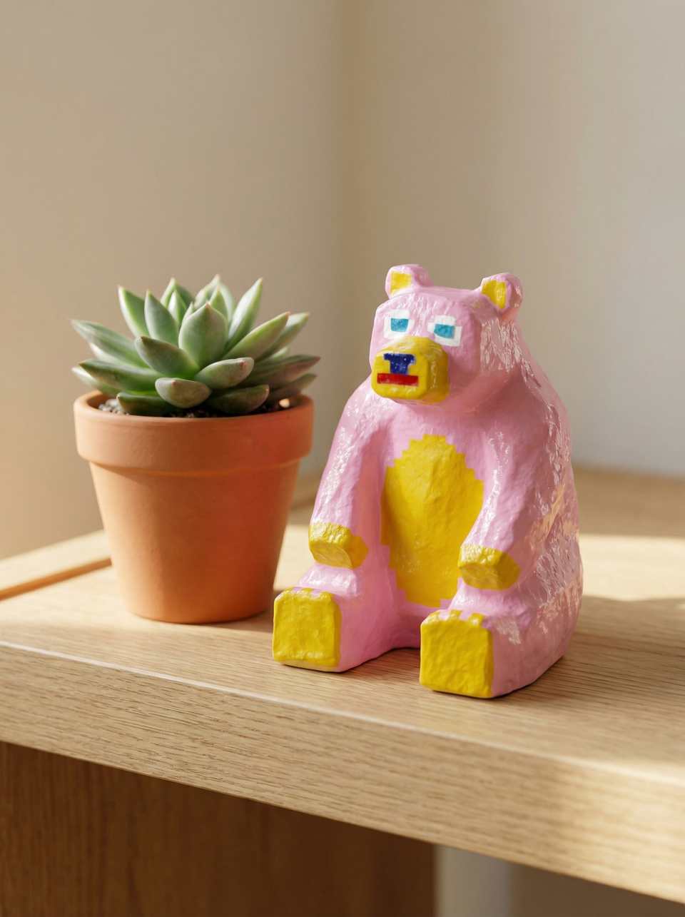 Pink Polymer Clay Rounded Pixel Bear Desk Buddy Figurine shown in styled display context with object size and surface texture visible. Figurine handmade in pixel construction with…