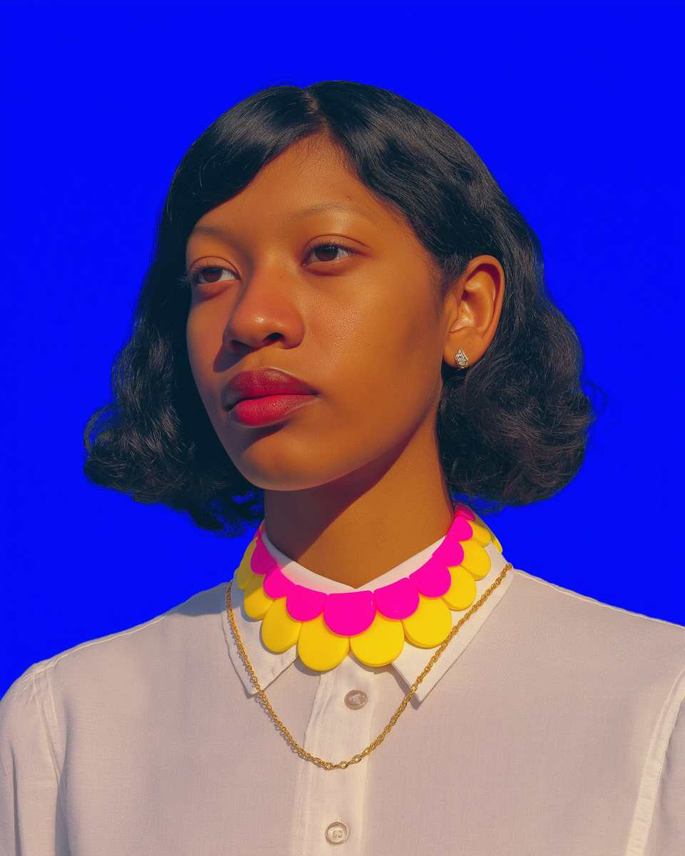 Hot Pink Polymer Clay & Yellow Layered Scallop Collar Necklace shown in styled wear context with size, drape, and hardware visible. Handmade necklace using slab cutting, finished…