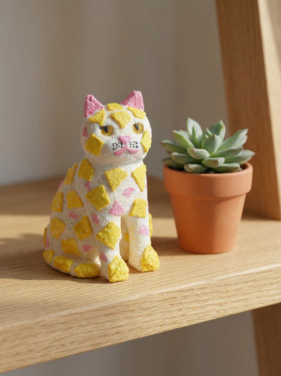 Polymer Clay Seated Terrazzo Cat Desk Buddy Figurine shown in styled display context with object size and surface texture visible. Sculpting figurine, hand-finished with gloss sea…
