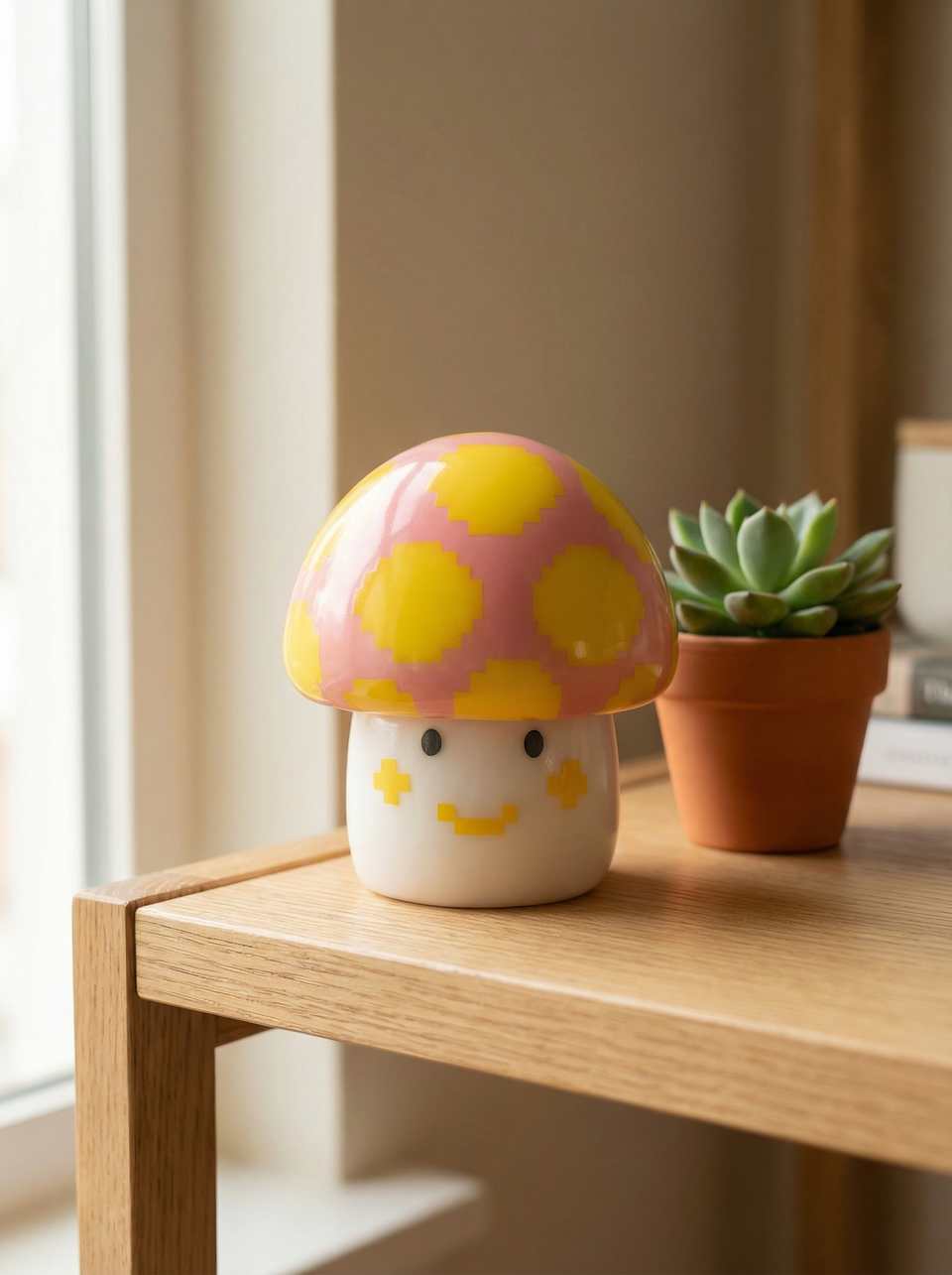 Pink spotted mushroom figurine on wooden shelf with succulent