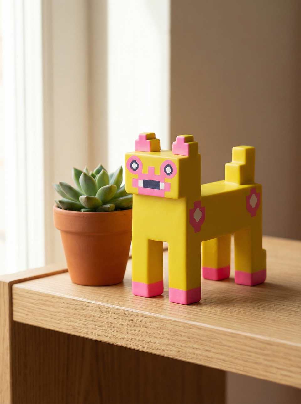 Polymer Clay Tall Pixel Cat Desk Buddy Figurine shown in styled display context with object size and surface texture visible. Figurine handmade in sculpting with gloss sealant fin…