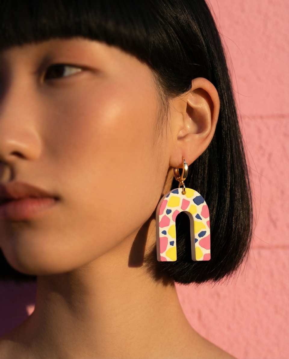 Cream terrazzo arch huggie earring worn as a statement drop