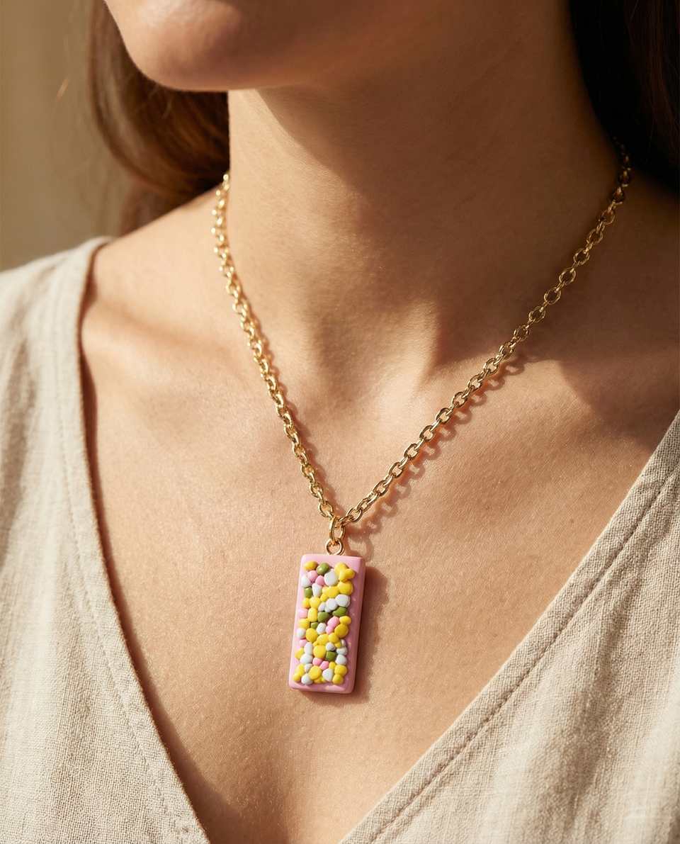 Pink confetti bar pendant worn on gold chain against linen top