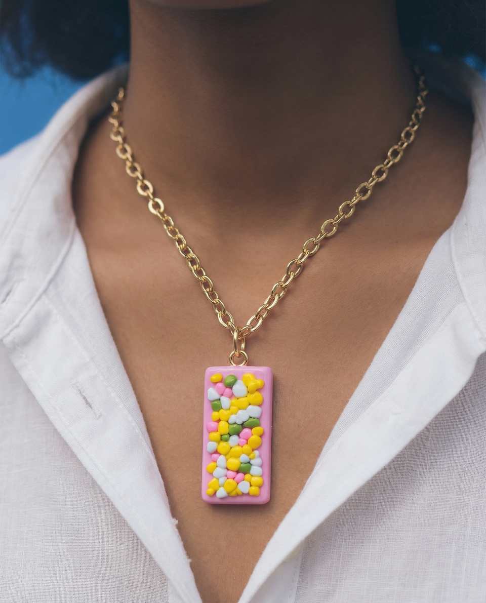Pink Polymer Clay Confetti Terrazzo Slab Pendant shown in styled wear context with size, drape, and hardware visible. Pendant handmade in surface applique with matte sealant finis…