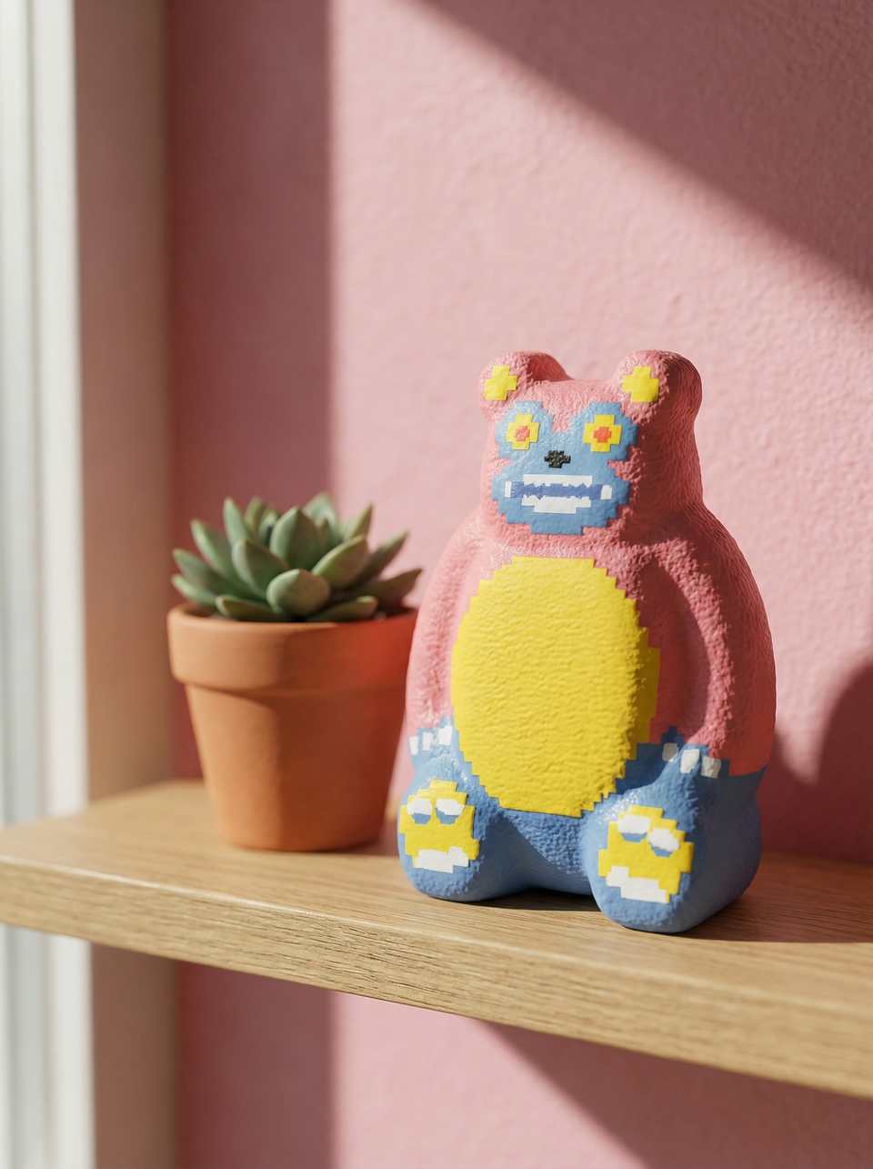 Polymer Clay Textured Pink & Blue Pixel Bear Desk Buddy Figurine shown in styled display context with object size and surface texture visible. Figurine handmade in sculpting with…