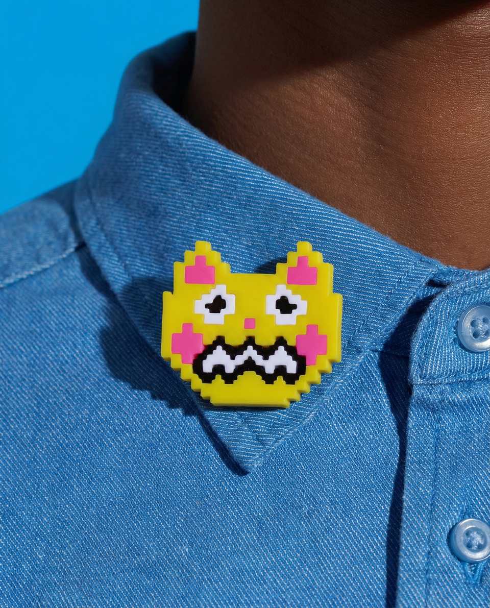Polymer Clay Worried Pixel Cat Pin shown in styled wear context with size, drape, and hardware visible. Handmade pixel construction brooch with gloss sealant finish.