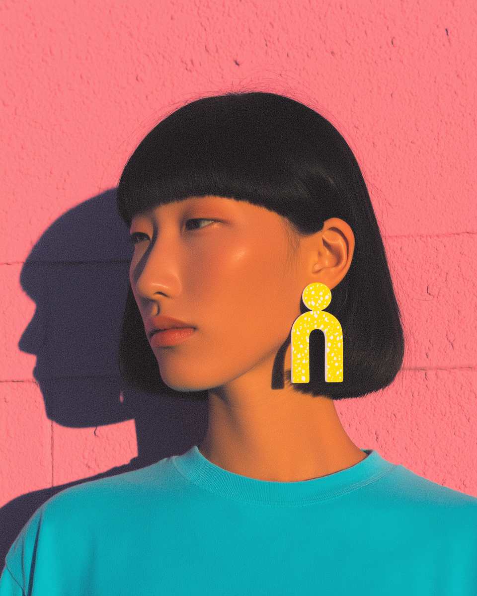Yellow Polymer Clay Speckled Arch Stud Earrings shown in styled wear context with size, drape, and hardware visible. Handmade earrings using slab cutting, finished with satin fini…