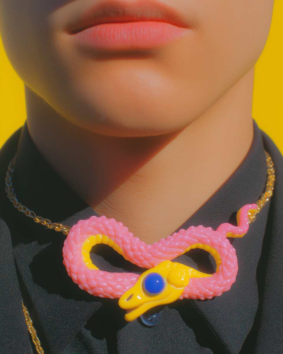 Pink Polymer Clay Coiled Snake Pendant Necklace shown in styled wear context with size, drape, and hardware visible. Handmade sculpting pendant with gloss sealant finish.