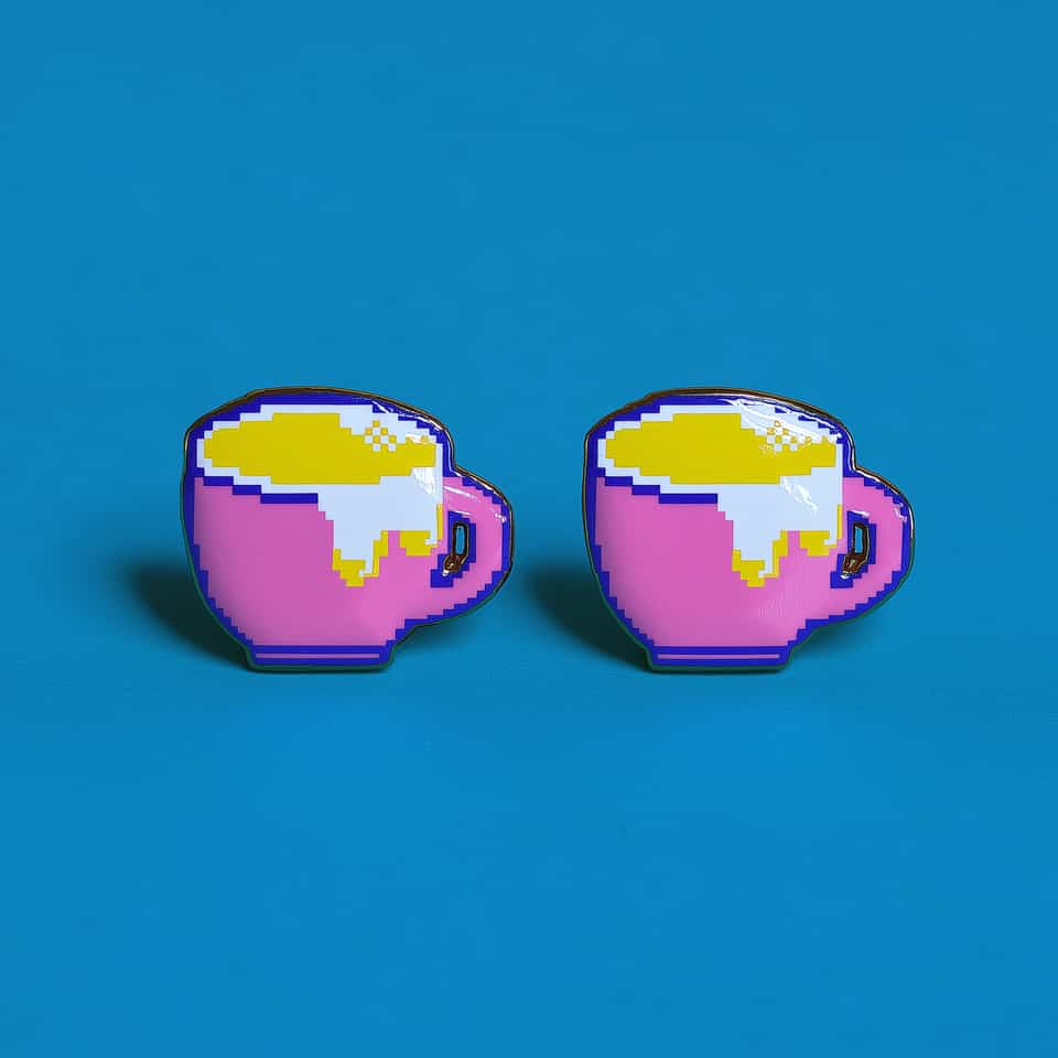 Pink Polymer Clay Pixel Coffee Mug Stud Earrings. Pixel construction earrings, hand-finished with gloss sealant. Build these as flat two-layer pixel mug studs: a slightly oversize…
